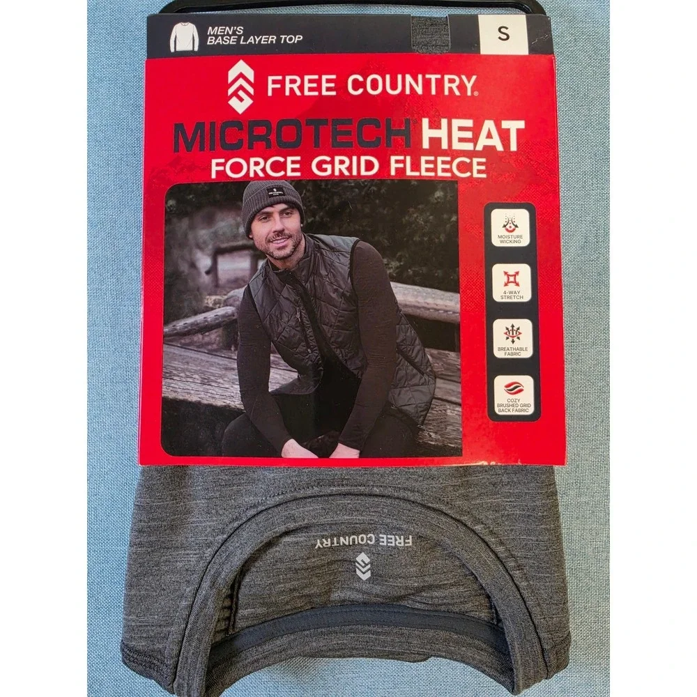 Free Country Mens Microtech Heat Force Grid Fleece Base Layer Top Rocky Gray S